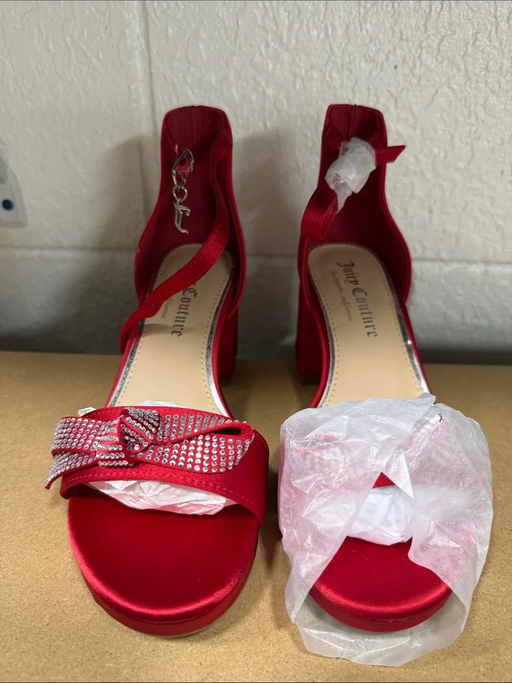 Juicy Couture Red Satin Crystal Bow Block Heels